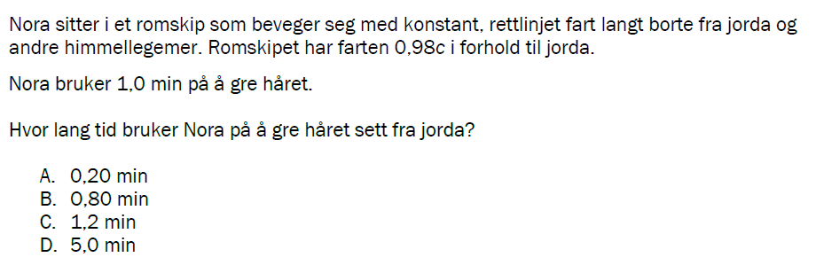 Flervalgsoppgave V23 eksempel, oppgave 1p – Relativitet